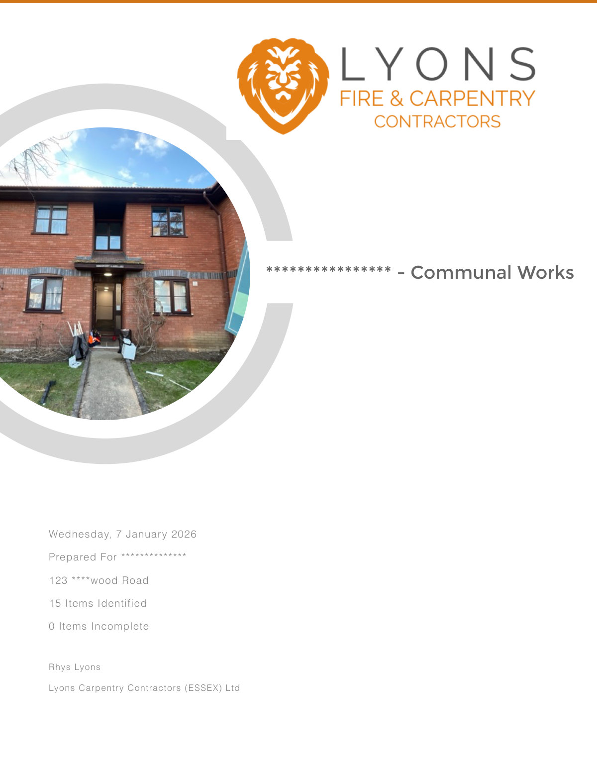 Sign-off report cover page for communal fire door works