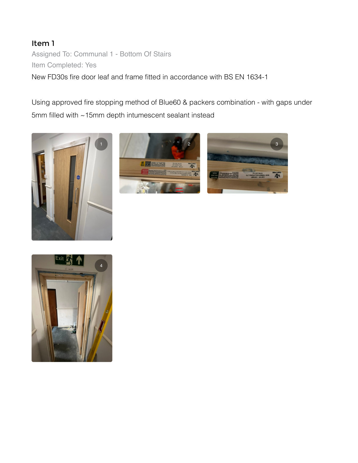 Report page showing an FD30s door installation with photographic evidence