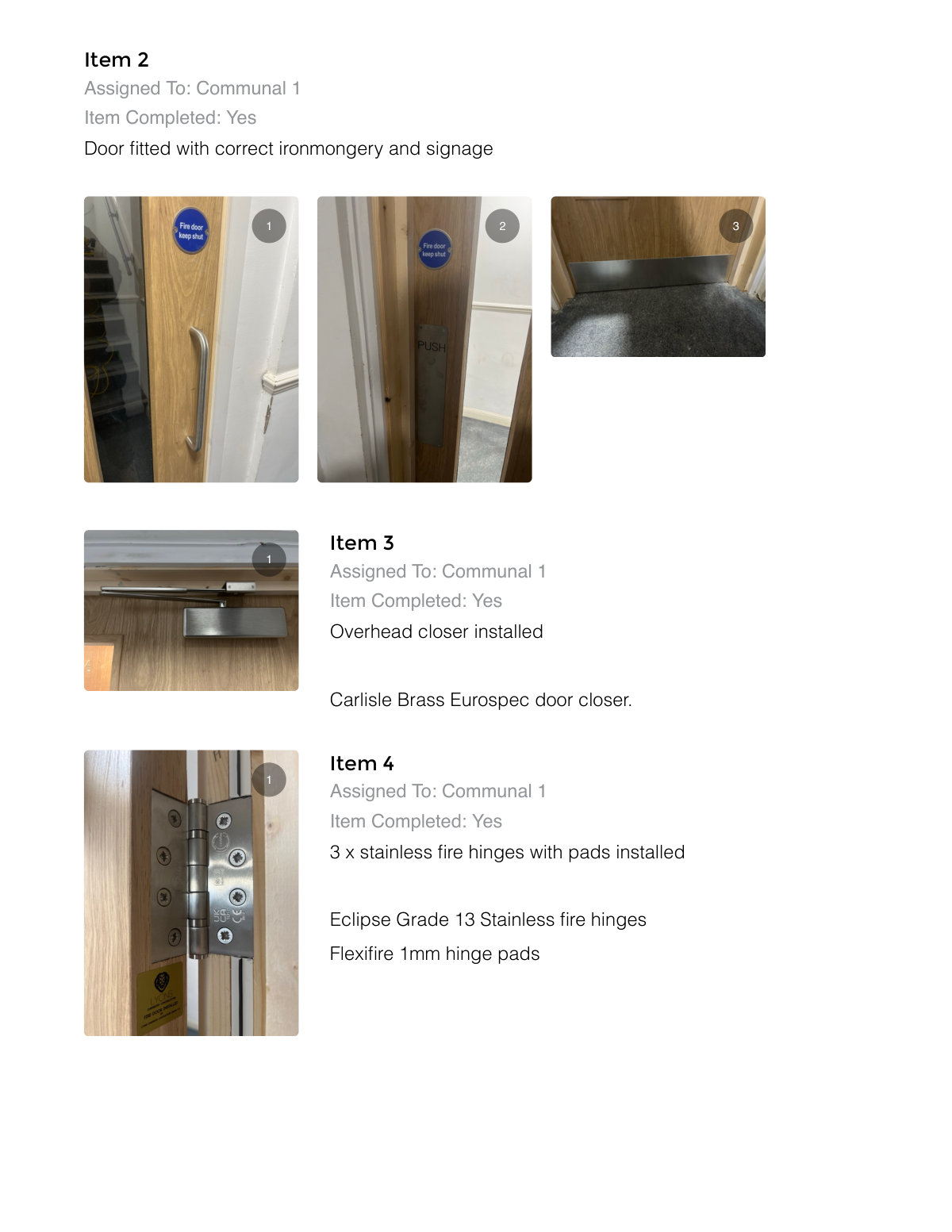 Report page covering ironmongery, signage, closer and fire hinges