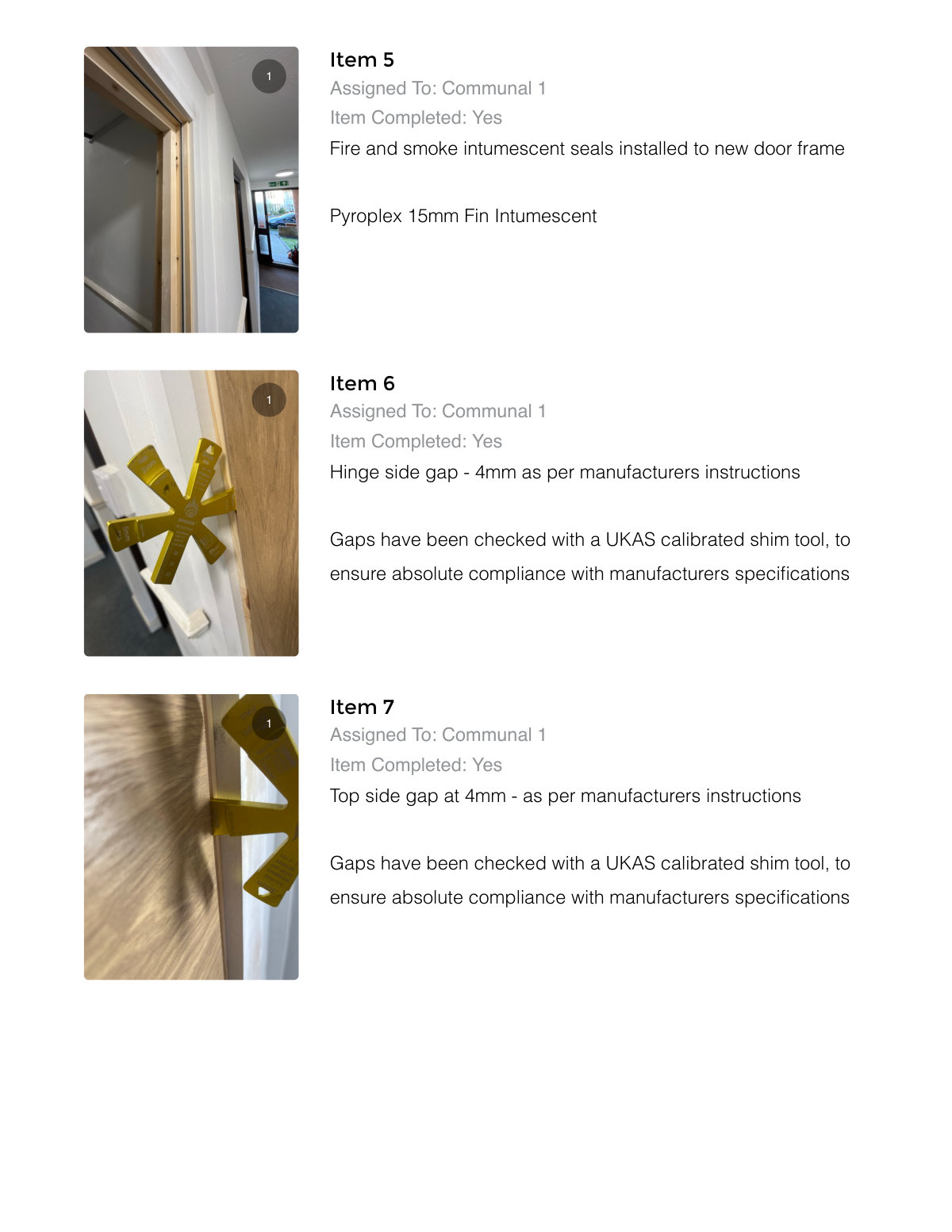Report page showing intumescent seals and gap measurements