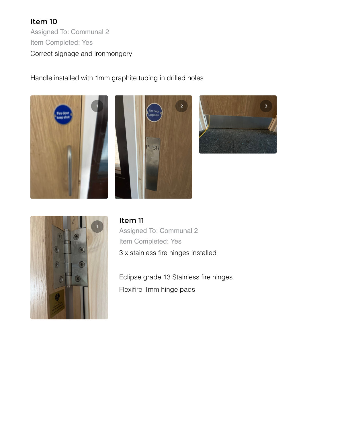 Report page covering signage, ironmongery and hinges